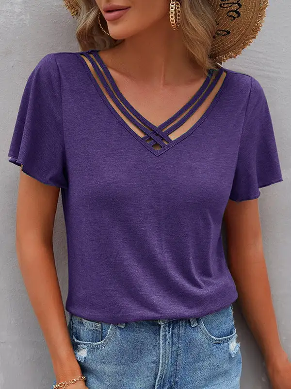 Relaxed Curve Fit Cutout Panel Detail V-Neck Polyester T-Shirt
