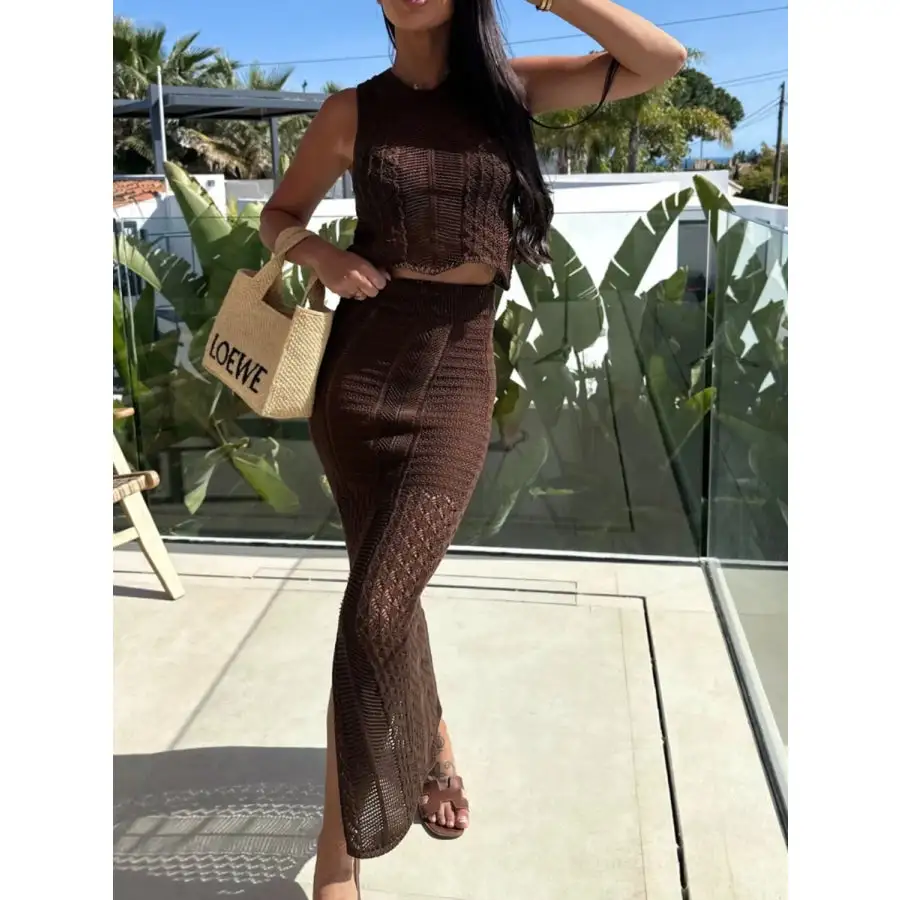 Openwork Round Neck Top and Slit Skirt Sweater Set