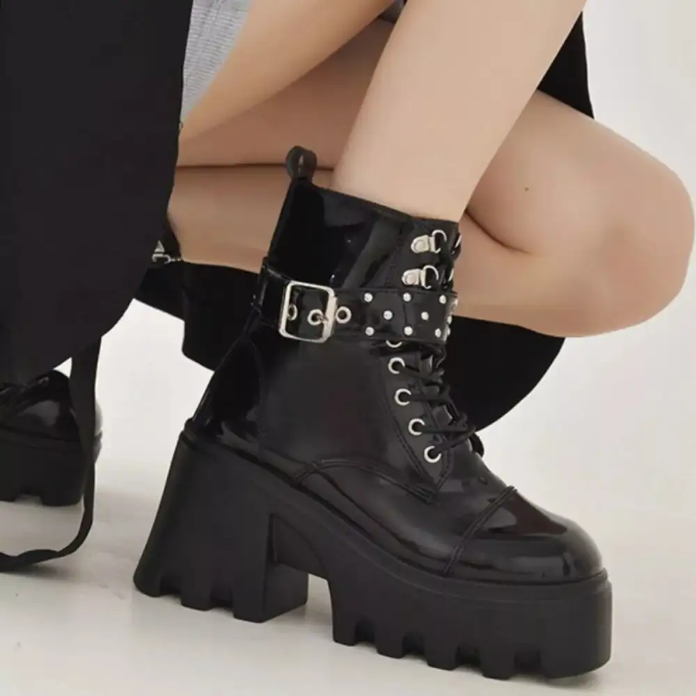 Platform Ankle Boots with Buckle and Studded Detail