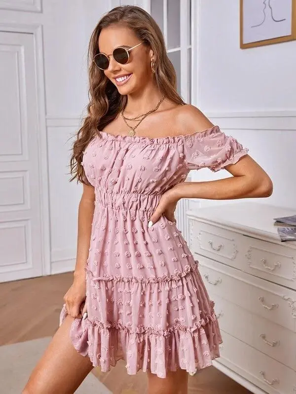 Women Swiss Dot Off Shoulder Dress