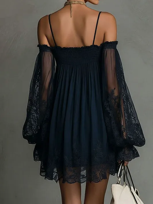 Off Shoulder Lace Trim Exquisite Mini Dress