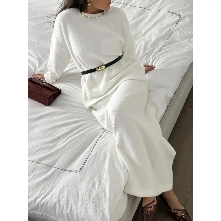 Round Neck Dropped Shoulder Top and Midi Skirt Sweater Set