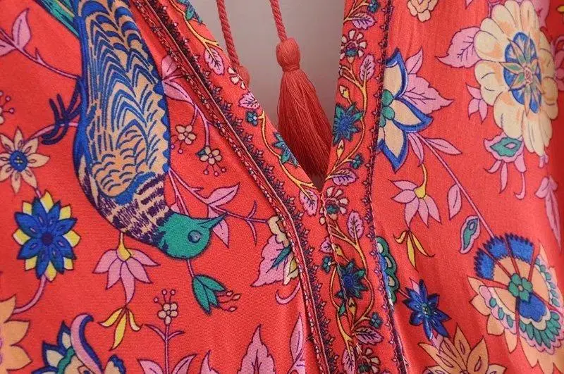Wild Peacock & Flowers V-Neck Maxi Dress