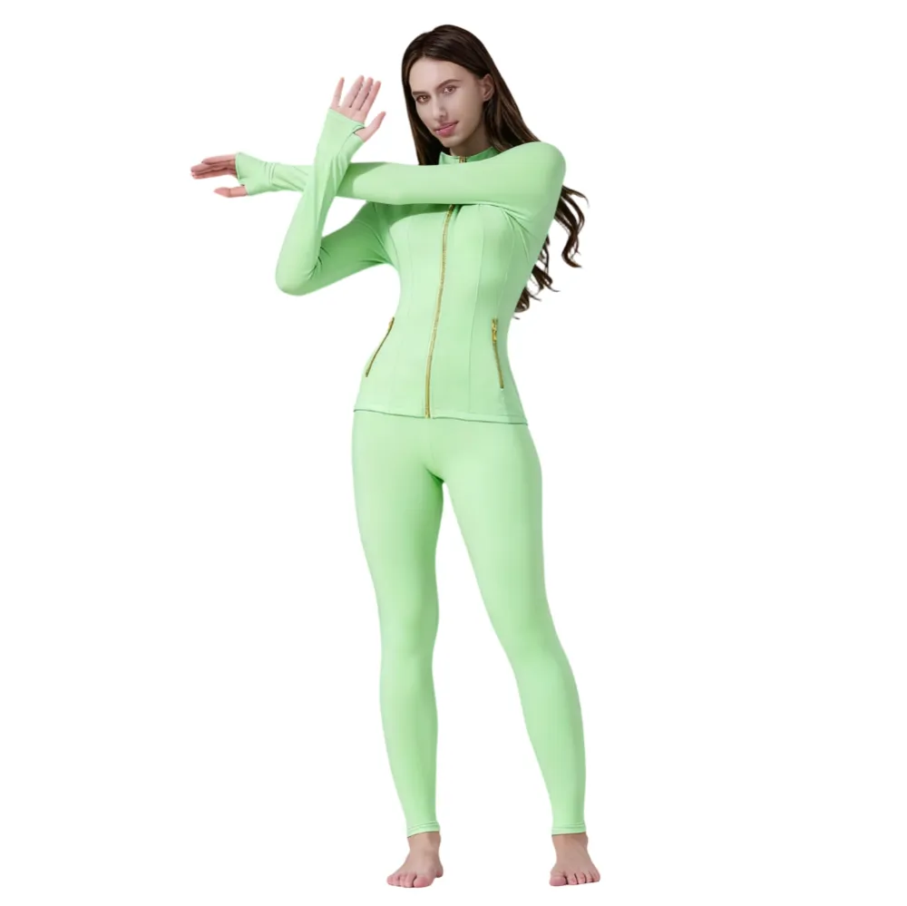 Women's Sporty Tracksuit Set , Golden Zipper Jacket with Pockets & Yoga Pants