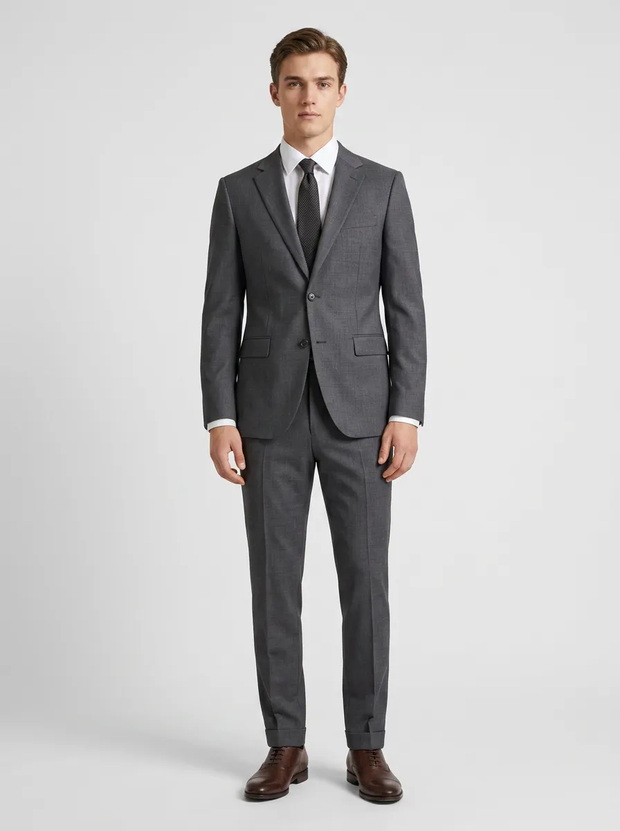 Men's Chest Pocket Business Formal Charcoal Grey Solid Two-Piece Suit