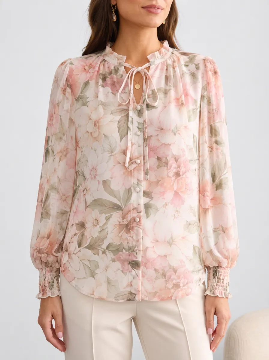 Women's Floral Print Ruffle Collar Smocked Cuffs Blouse
