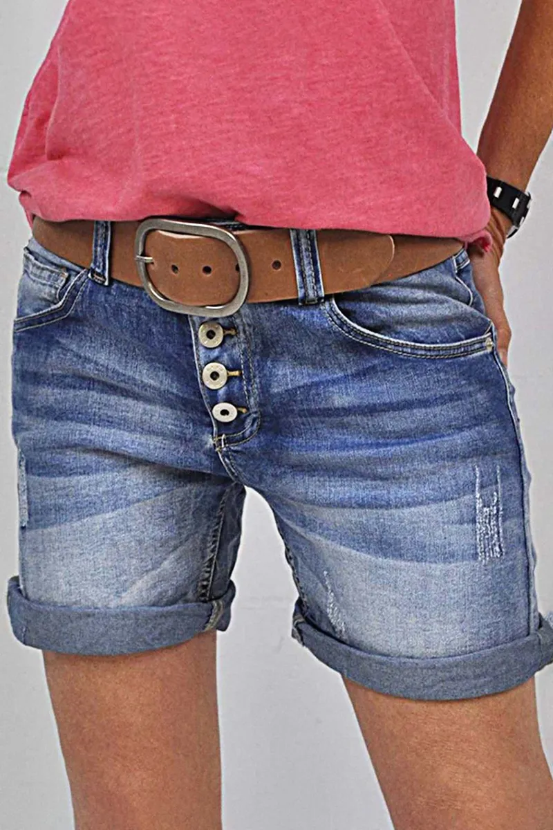 Button Fly Ripped Denim Shorts Without Belt