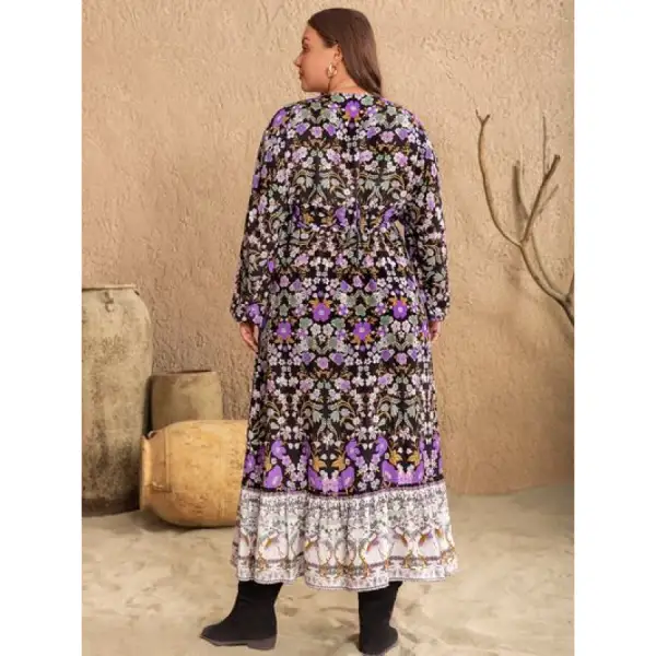 Plus Plus Size V-Neck Balloon Sleeve Midi Dress
