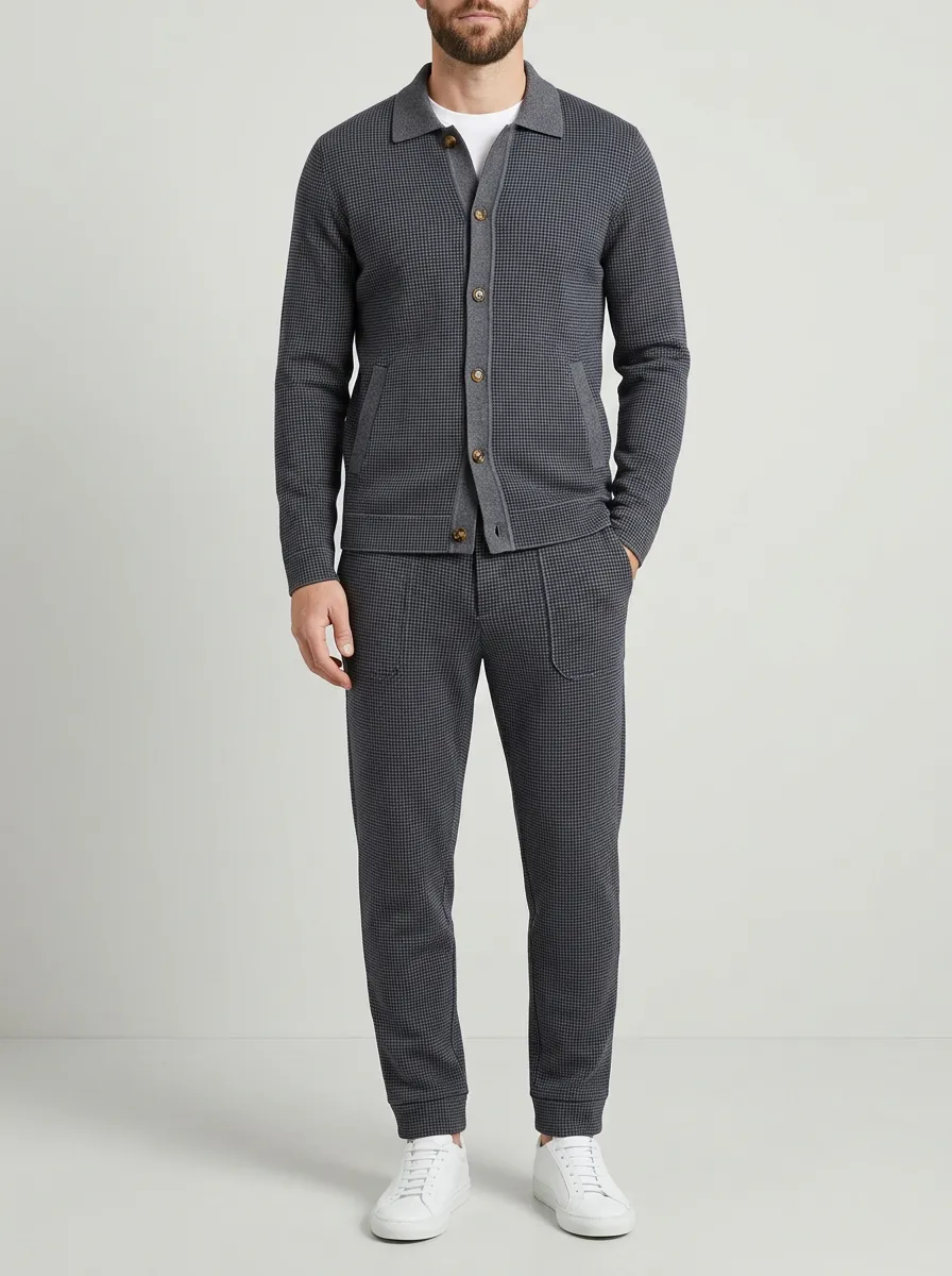 Men's Minimal Houndstooth Polo Collar Jacket and Jogger Pants Set