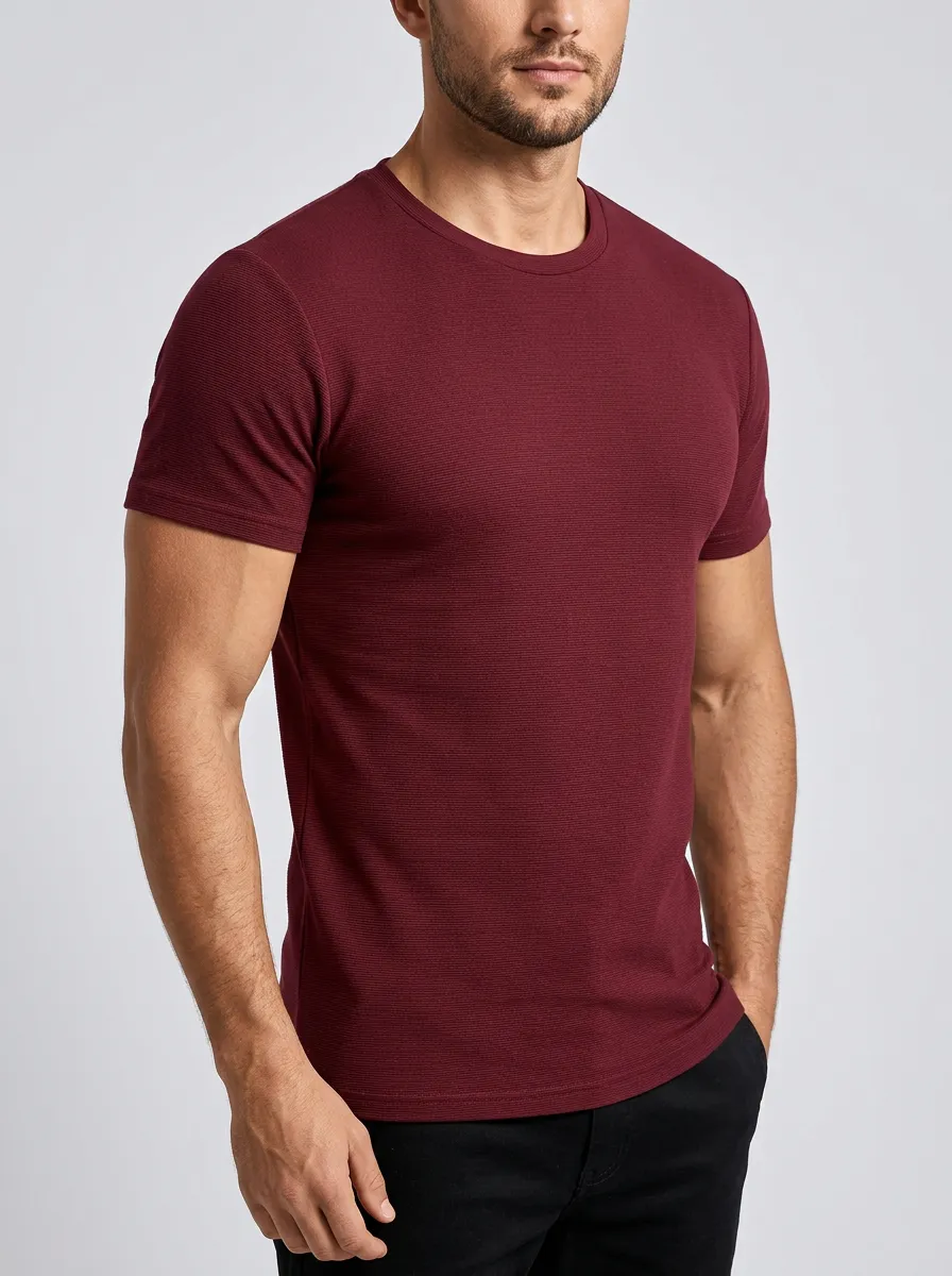 Streamlined Ribbed Textured Crew Neck Edit Men's Slim Fit Short Sleeve T-Shirt