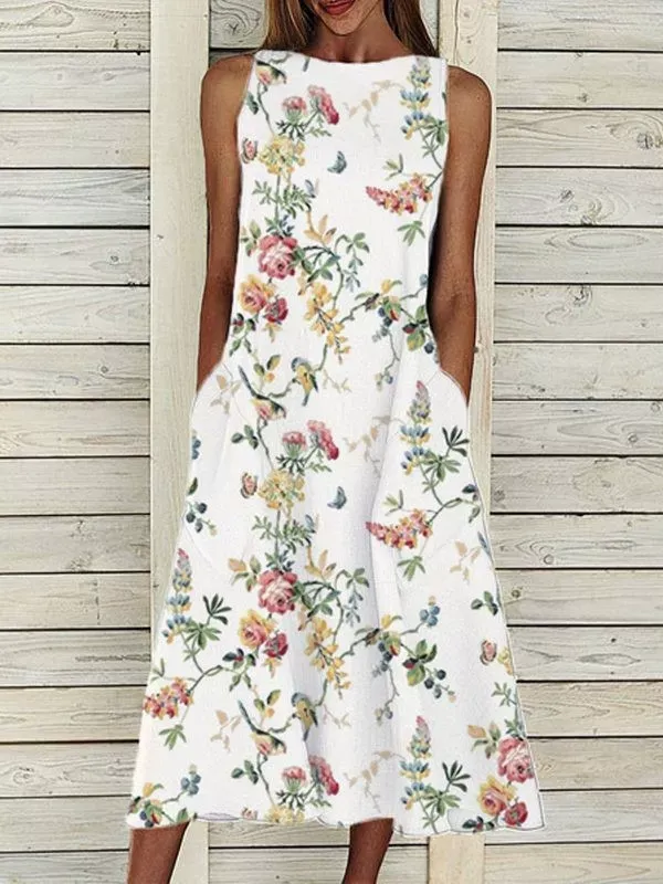 Sleeveless Elegant Crew Neck Floral-Print Dresses