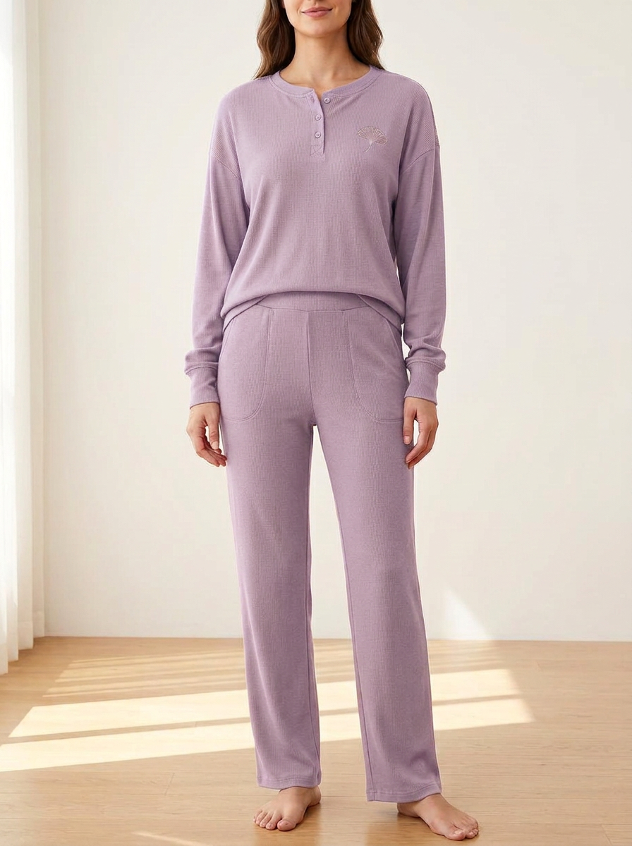 Women's Ginkgo-Embroidered Ribbed Henley Straight-Leg Lounge Set