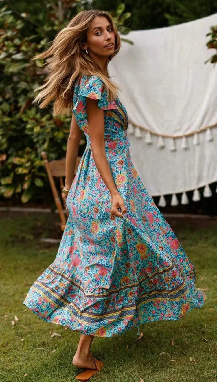 Short Sleeve Boho Floral High Split Maxi Dress