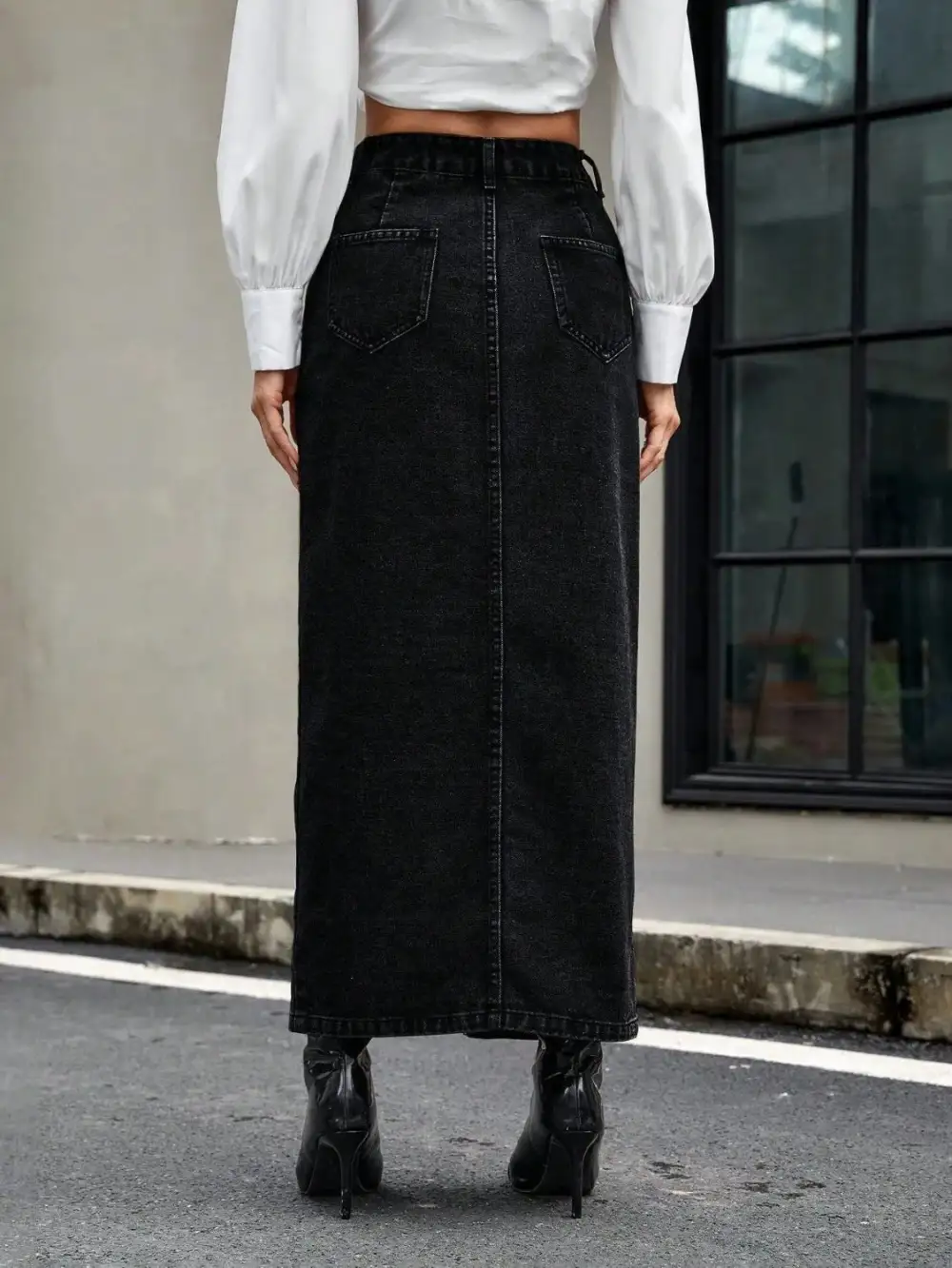 Minimal Button Front Denim Detail Skirt