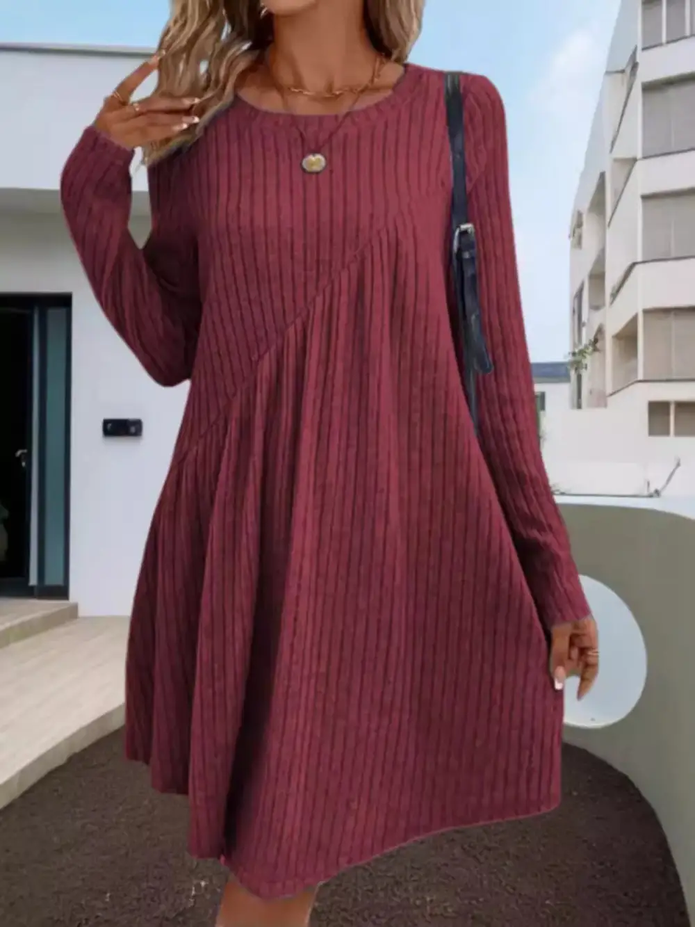 Layered Detail Ribbed Knit Long Sleeve Sweater Dress