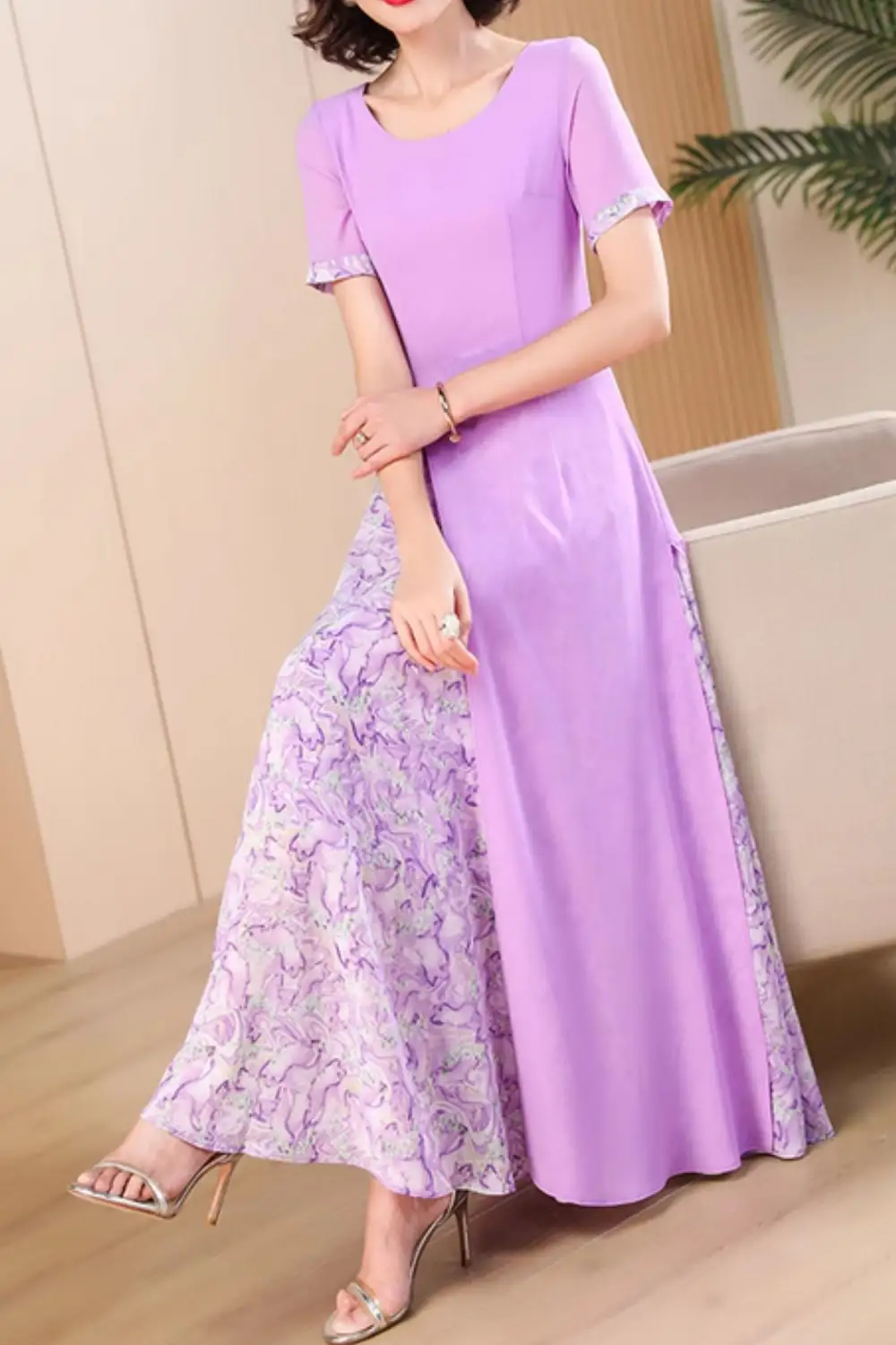 Textured Chiffon Short Sleeve Maxi Dress