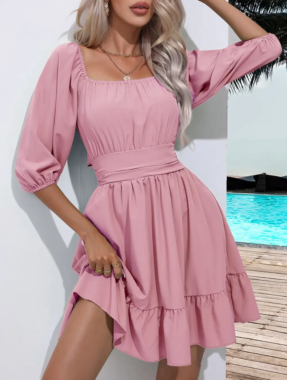 Square Neckline Ruffled Tie Up Short Dress