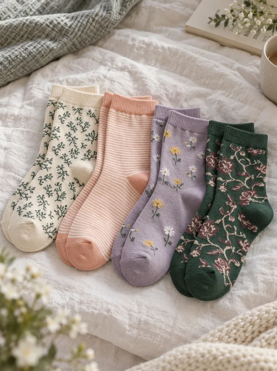 Women's Floral Botanical Ribbed Striped Vintage-Inspired Printed Assorted 4-Pack Crew Sock Set