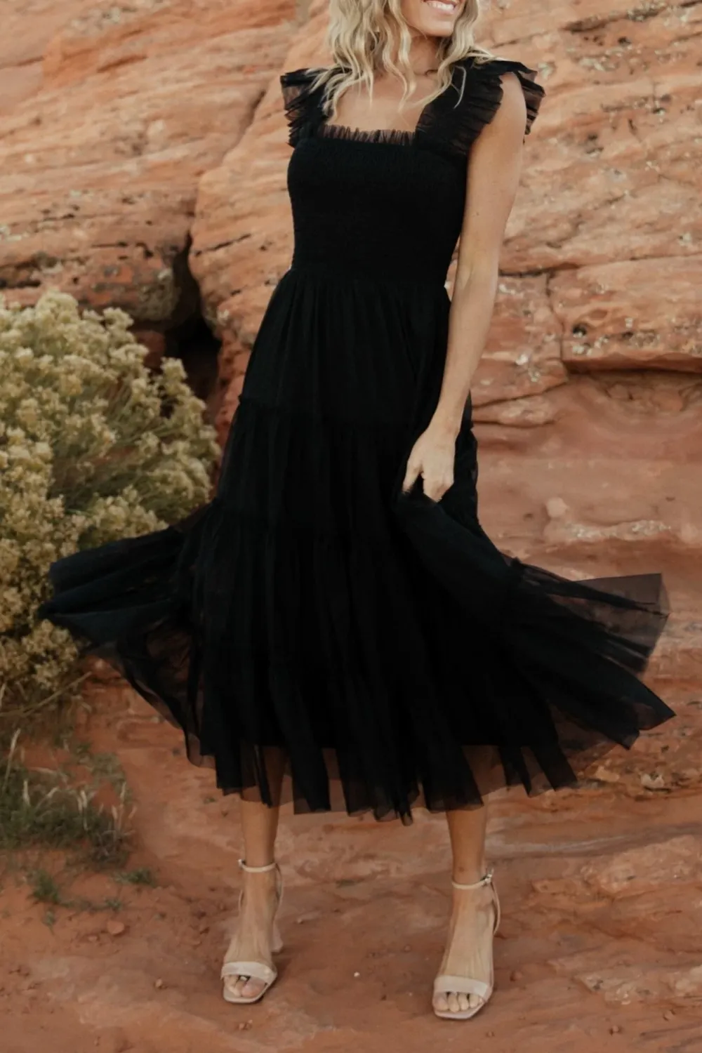 Versatile Fluttering Sleeves Sheer Dress