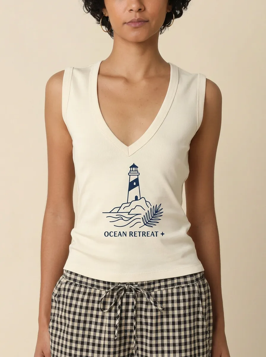 Women's Ocean Retreat Lighthouse Printed V-neck Tank Top