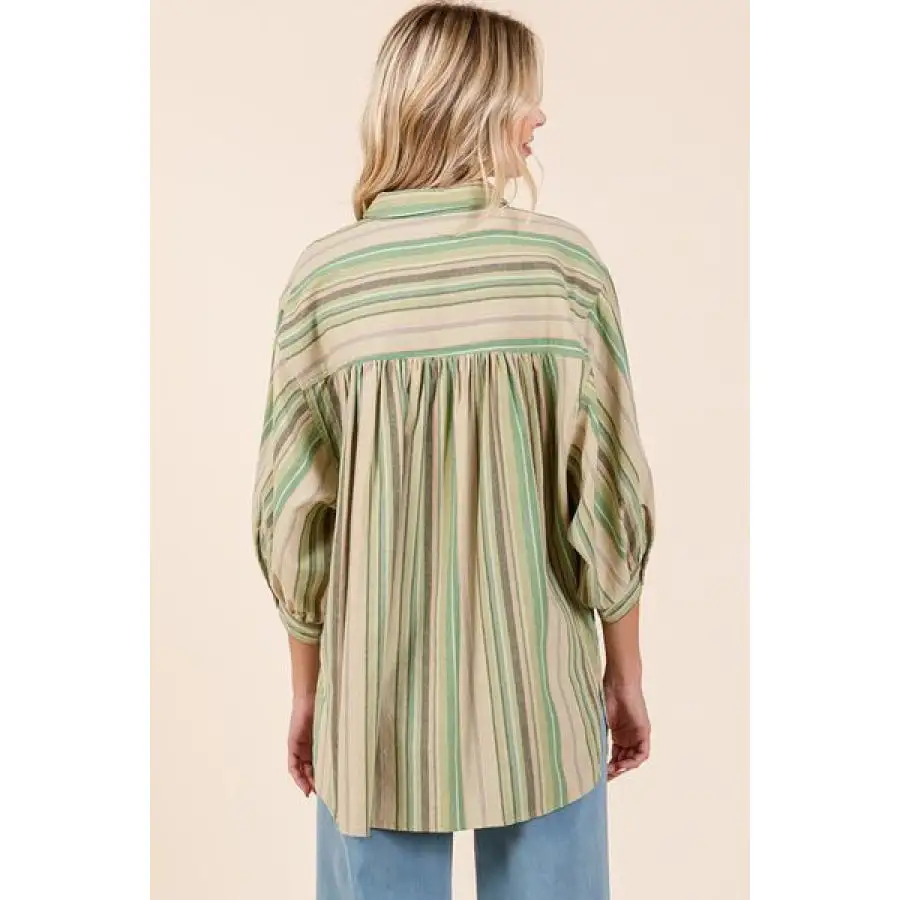Striped Bubble Sleeve Button Down Shirt
