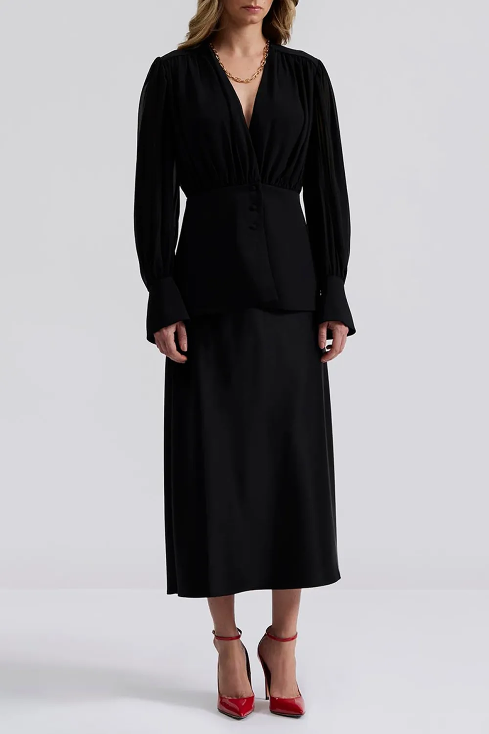 V Neck Puff Sleeve Blouse