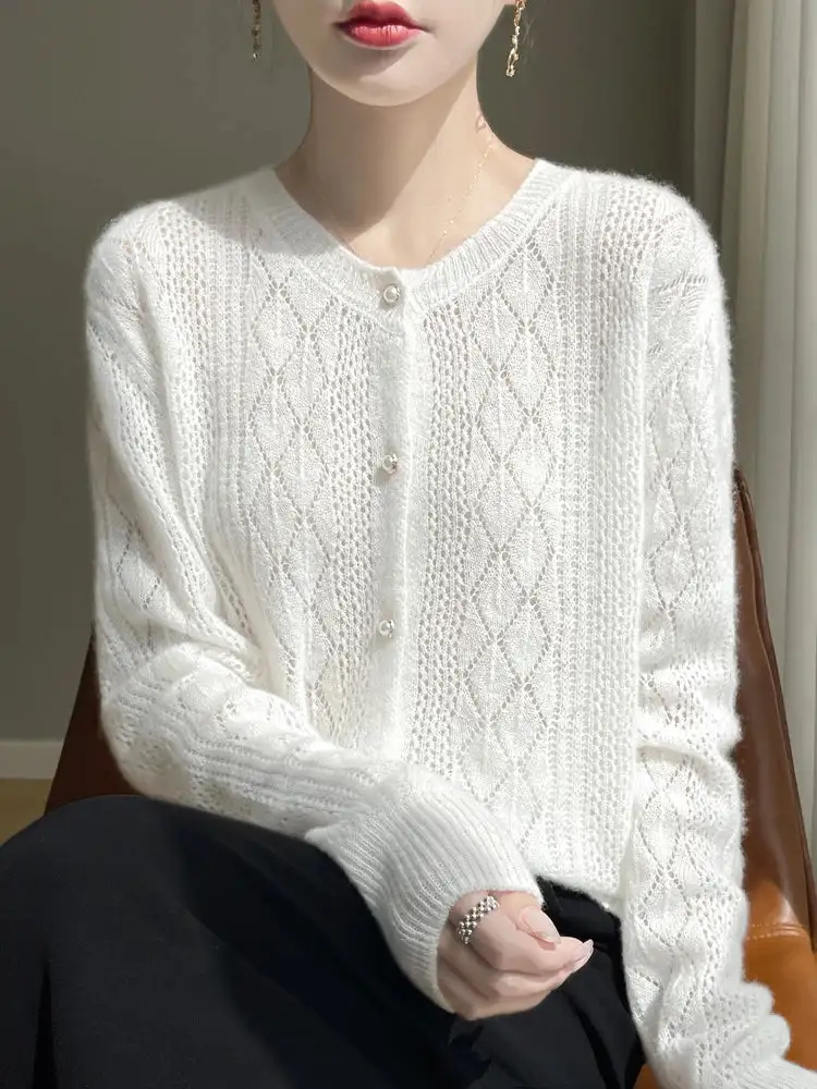 Merino-Wool Wool Pearl-Button Crew-Neck Cardigan