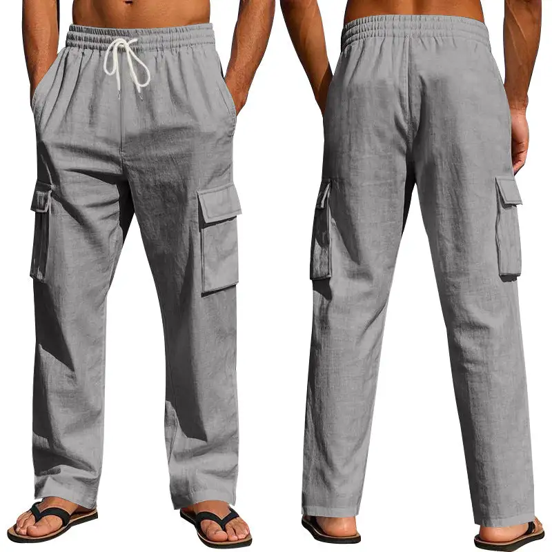 Men's Loose Linen Cargo Pants Waistband Pockets