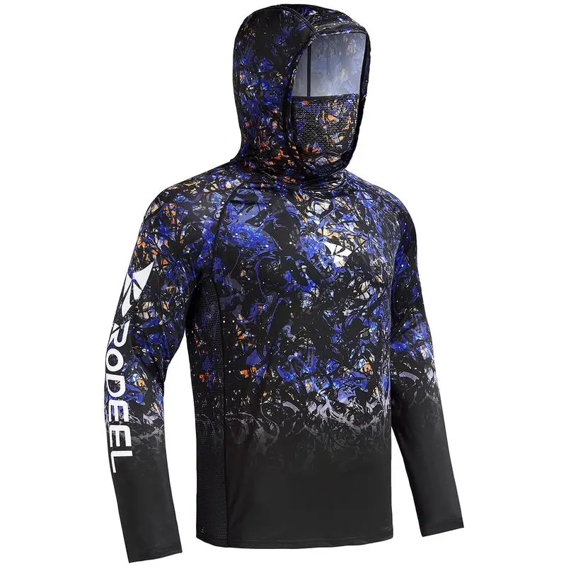 Men UPF 50+ UV Sun Hoodie Shirts with Mask Neck Gaiter  Protection Raglan Long Sleeve Lightweight Quick Dry Moisture Wicking Breathable Cooling Athletic Activewear