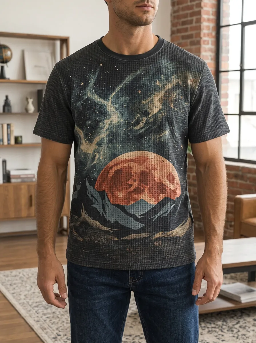 Men's Space Astronomy Moon Mountain Crew Neck T-Shirt