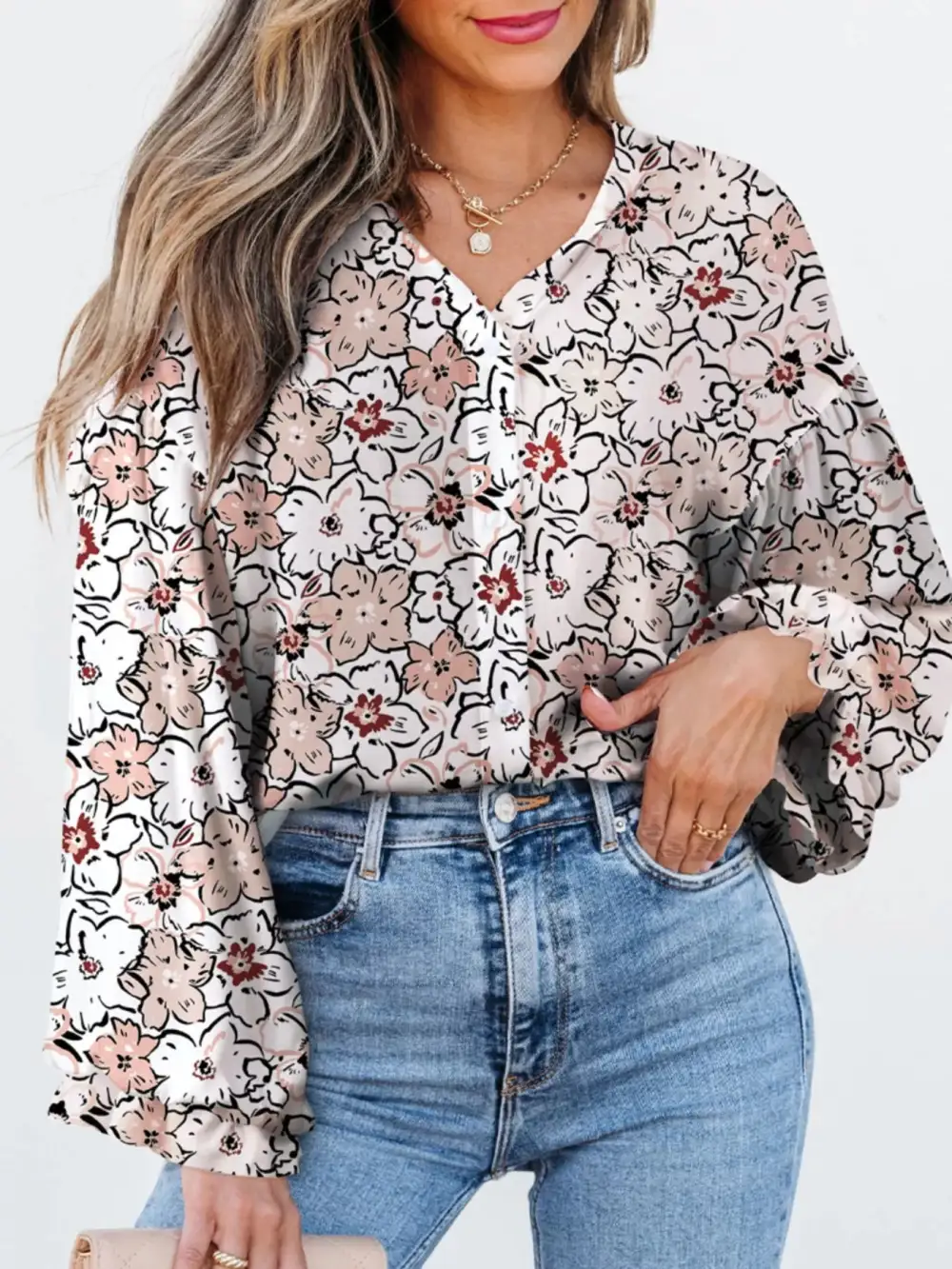 Print Frilled Puff Sleeve Button Down Shirt