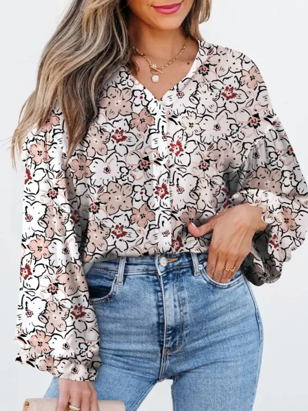 Print Frilled Puff Sleeve Button Down Shirt