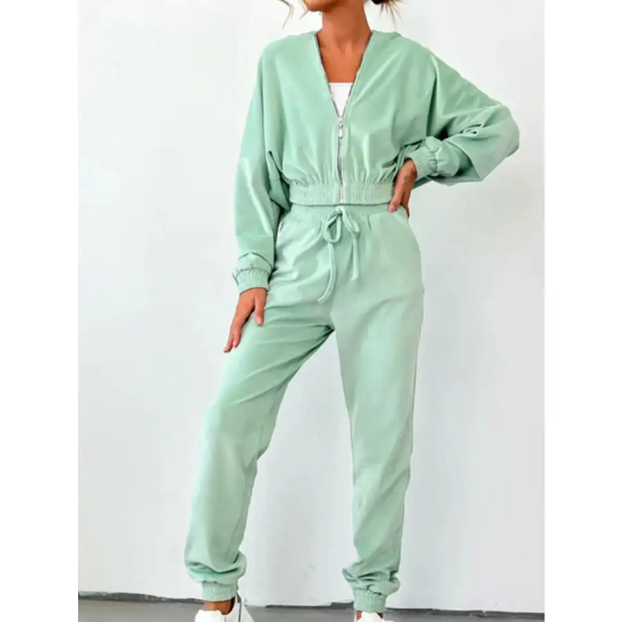 Zip Up Long Sleeve Top and Pants Set