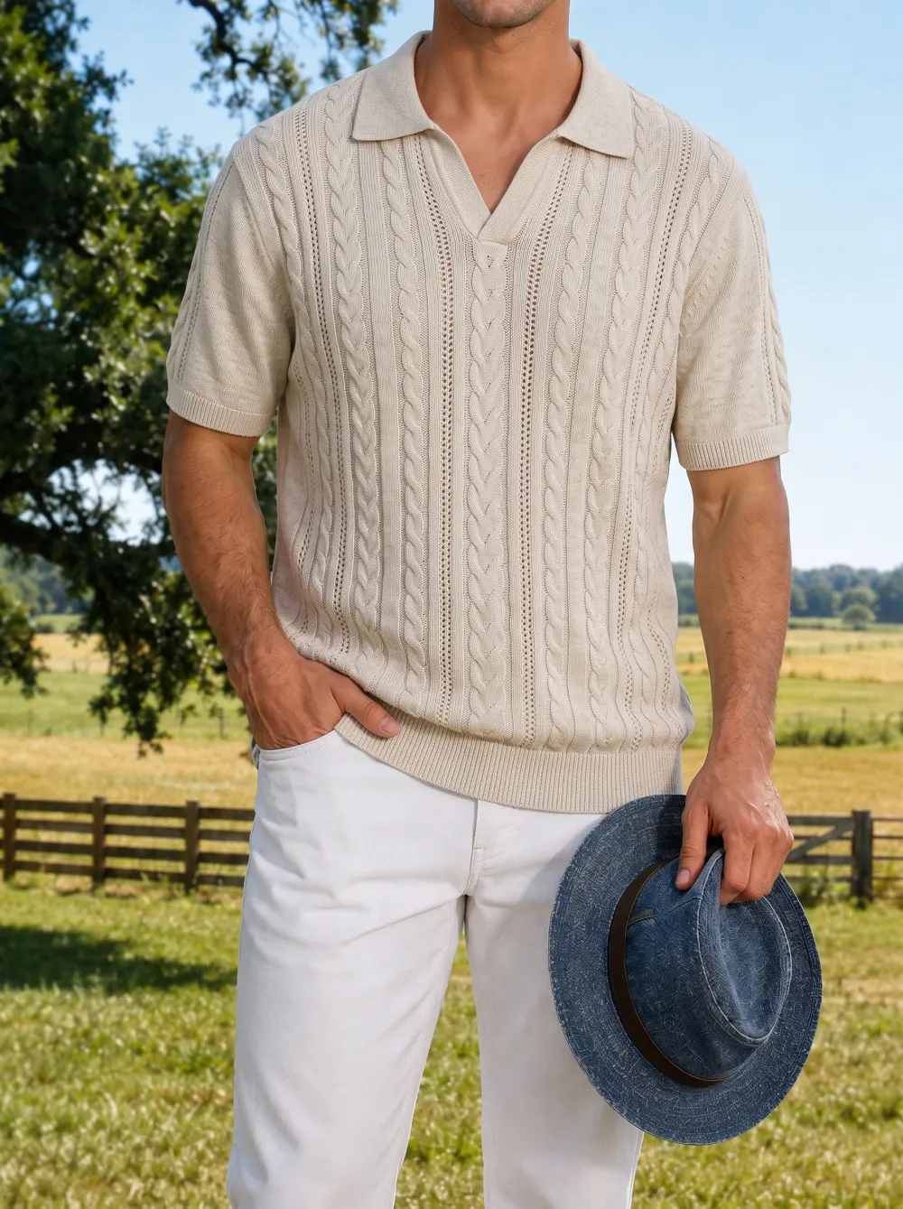 Men's Open Stitch Cable Knit V Neck Polo Shirt