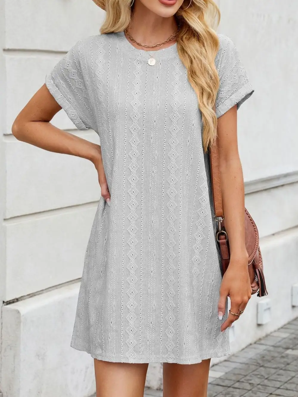Eyelet Round Neck Mini Dress
