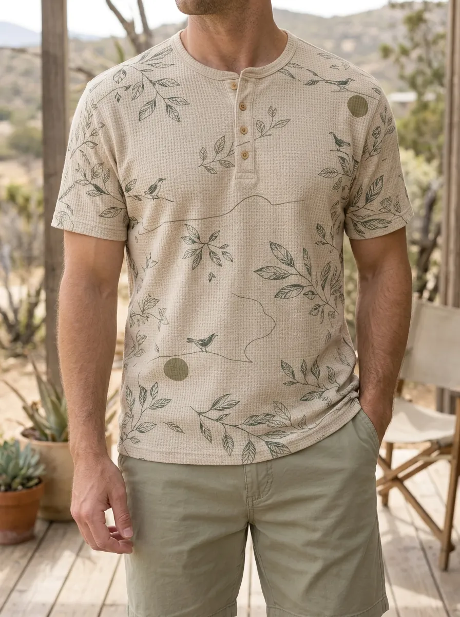 Men's Modern Nature Lover Bird and Leaf Henley T-Shirt