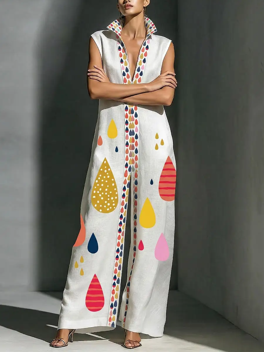 Kolom Losse Jumpsuits Met Contrasterende Kleuren Bedrukte Split
