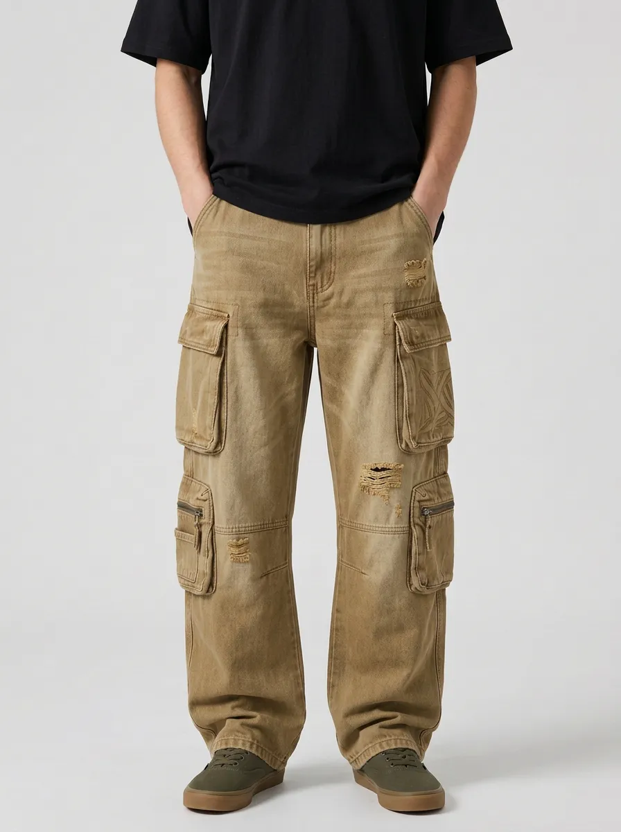Men's Blue Washed Zip-Pocket Wide-Leg Denim Cargo Pants