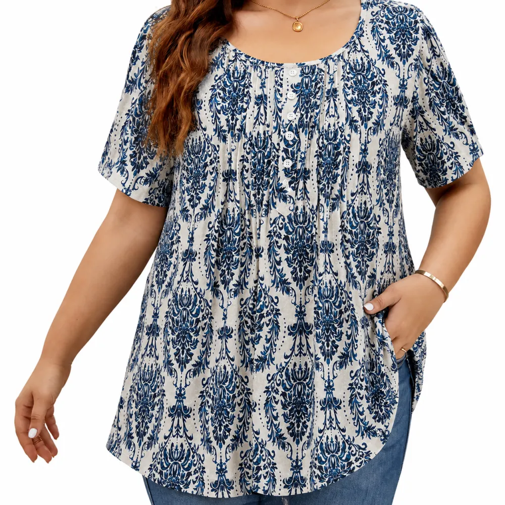 Women's Plus Size Summer Waist-Cinching Top with Round Neck and Printed Casual Short Sleeves