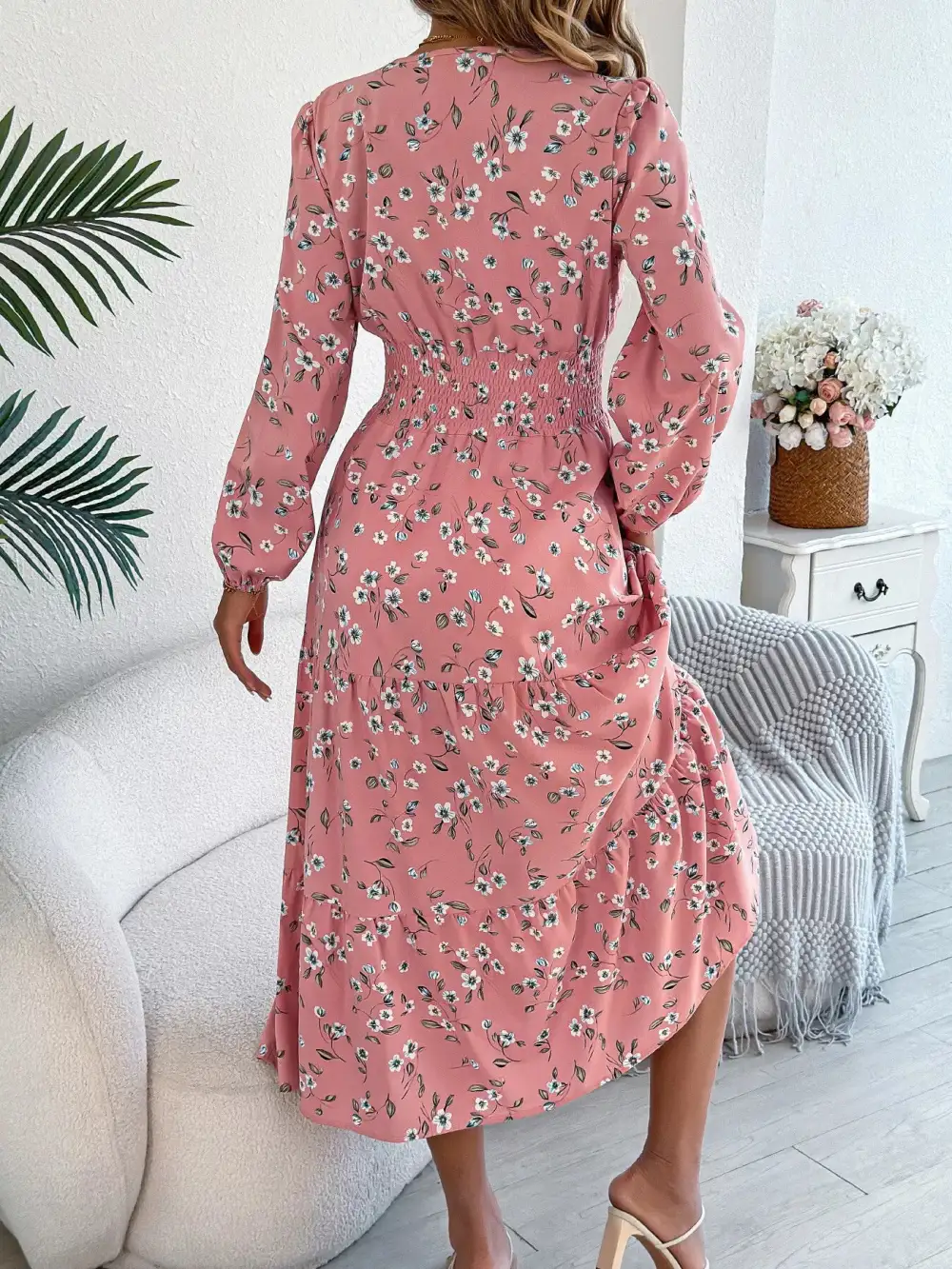 Structured Shape Floral Printed V Neck Midi Dress
