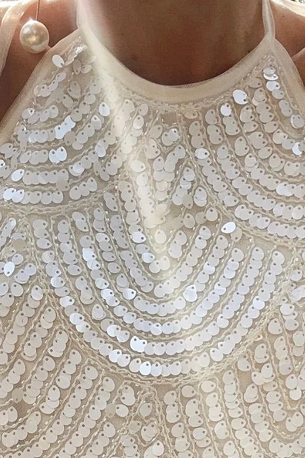 White Sequin Halter Tie Top