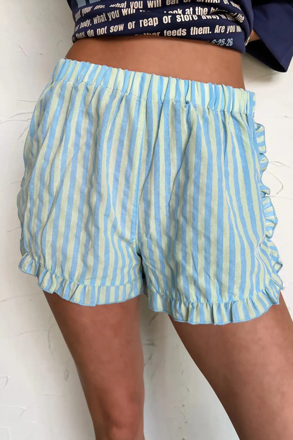 Woven Striped Elastic Waist High Waist Ruffled Shorts