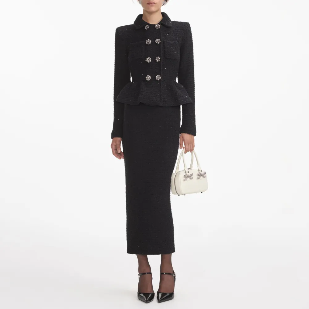 Black Textured Knit Peplum Midi Dress