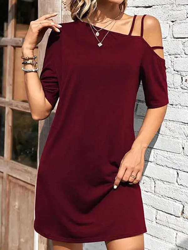 Relaxed Short Sleeve Asymmetric Solid Color One Shoulder Mini Dress