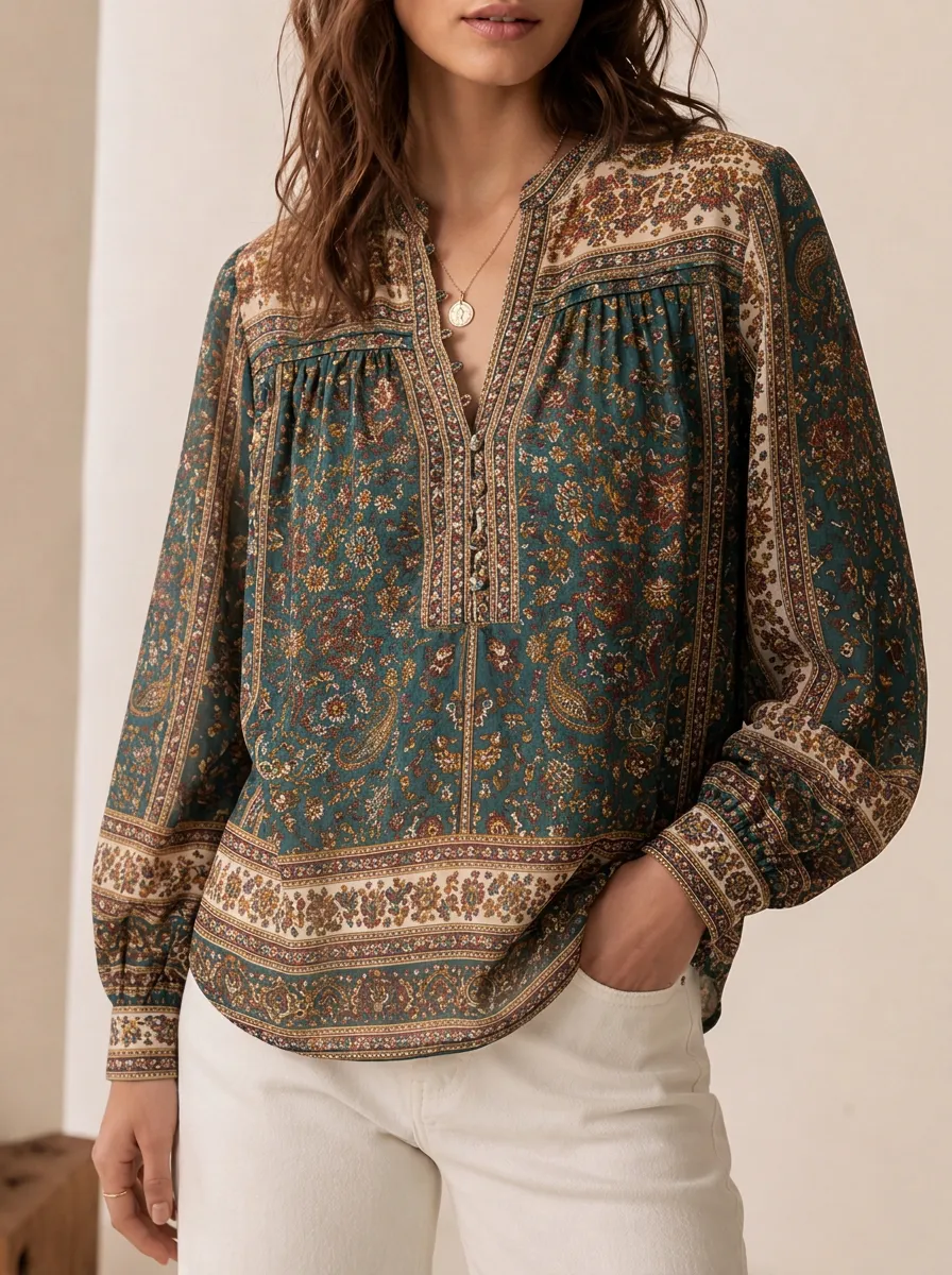 Women's Paisley Split Neck Gathered Yoke Button Cuffs Blouse