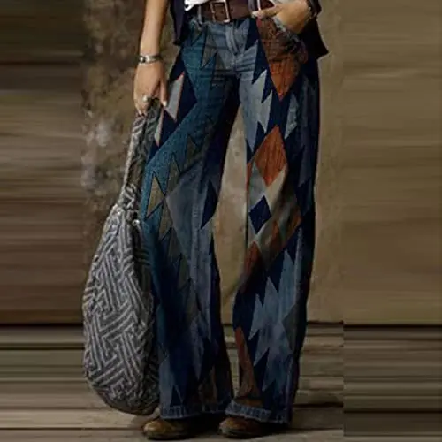 Wide Leg Denim Pants for Women, Camouflage Plaid Patchwork Print Streetwear Casual Comfort Straight Jeans Trouser
