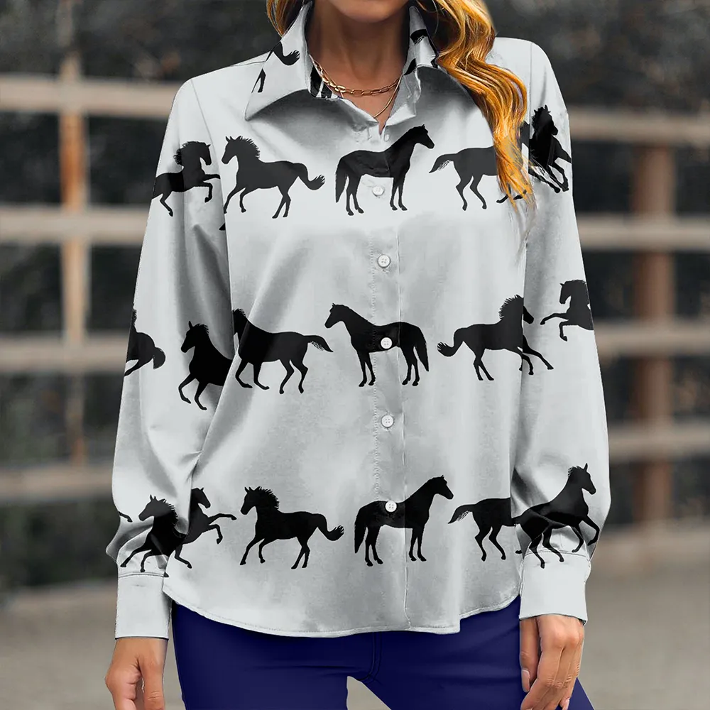 Women's Horses Print Long Sleeve Lifestyle Casual Button Shirt