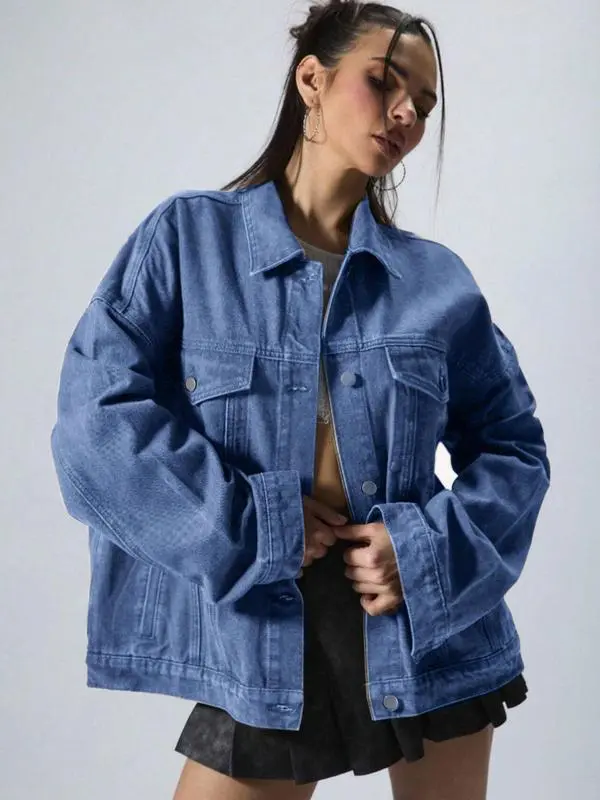 4-PACK Women's Solid Color Button Front Dropped Shoulder Denim Jacket