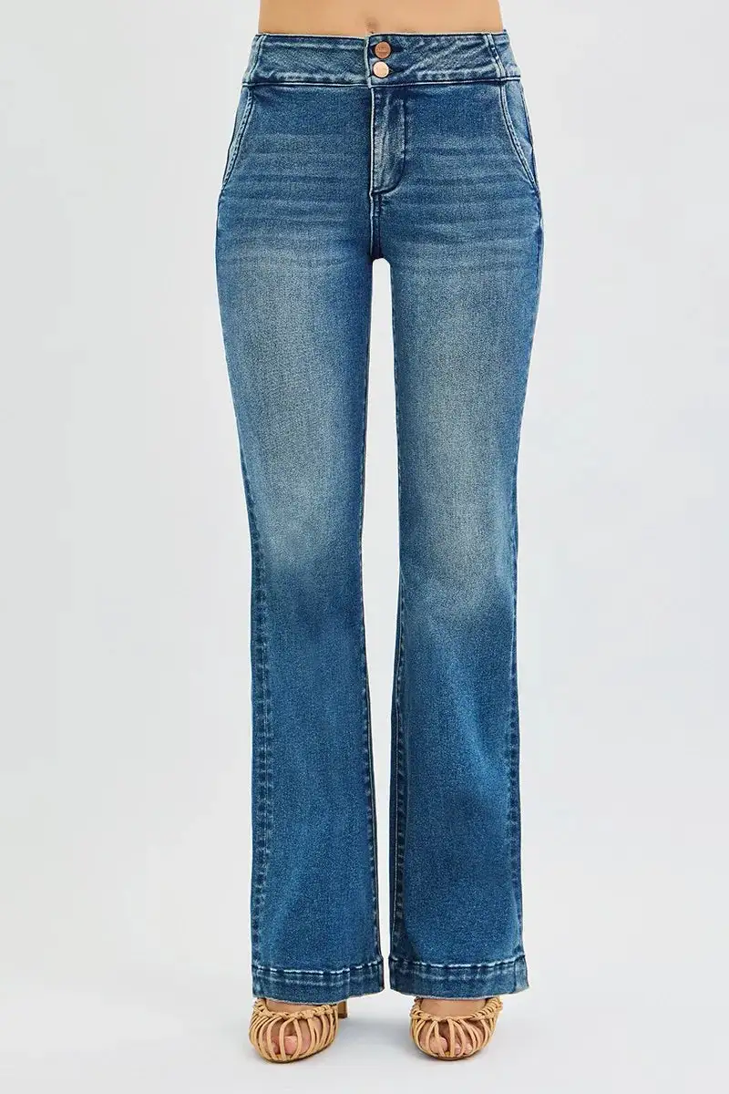 High Rise Bootcut Jeans With Double Button Waistband