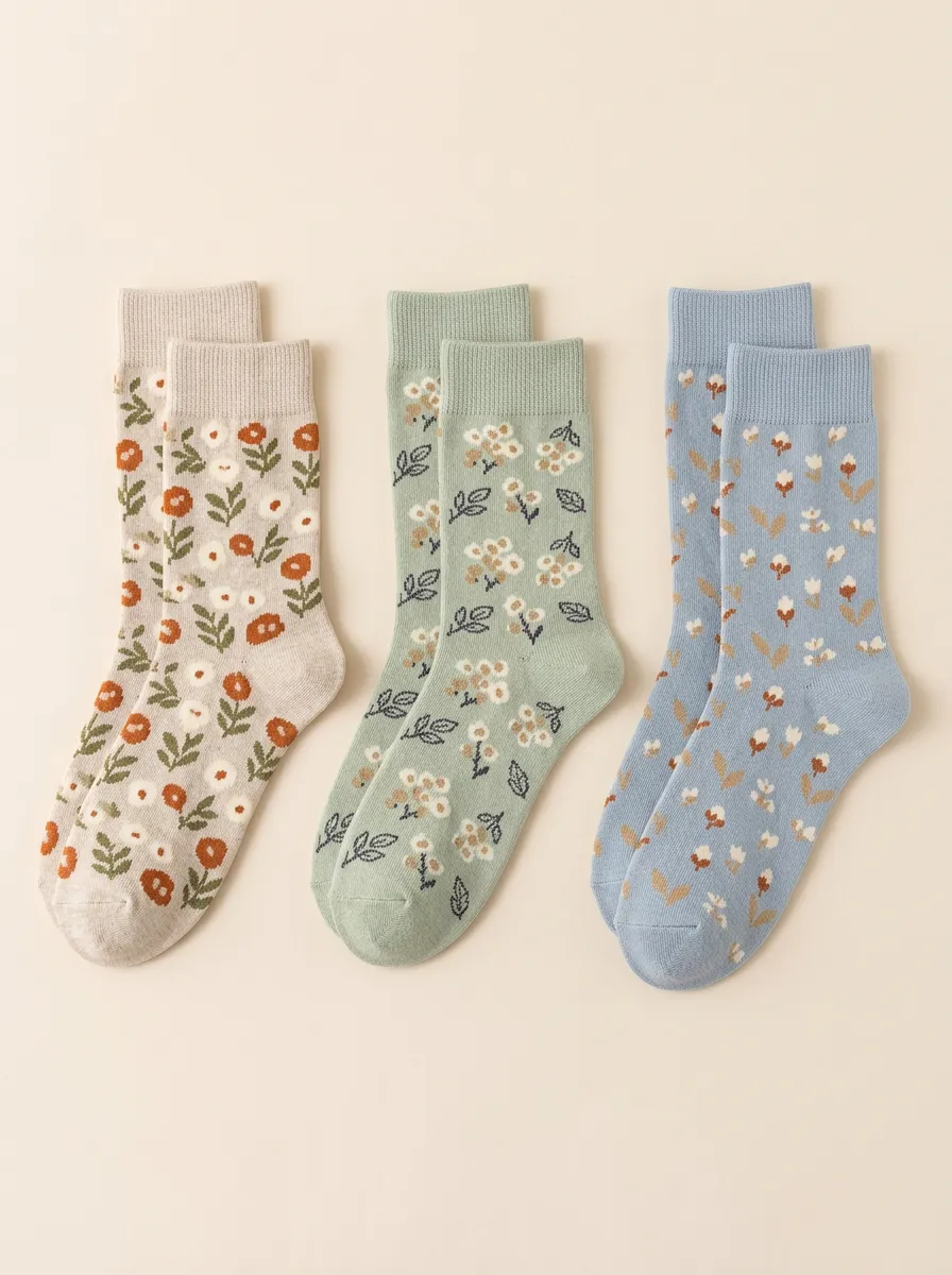 Women's Knit In Floral Ribbed Crew Socks Three Pair Set